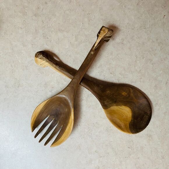 Vintage Hand-Carved Wooden Elephant Salad Spoon and Fork‎ Serving Set - Picture 1 of 8